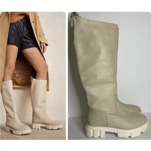 FREE PEOPLE Brooks Tall Leather Chunky Lug Sole Boot In Chalk Sz 6