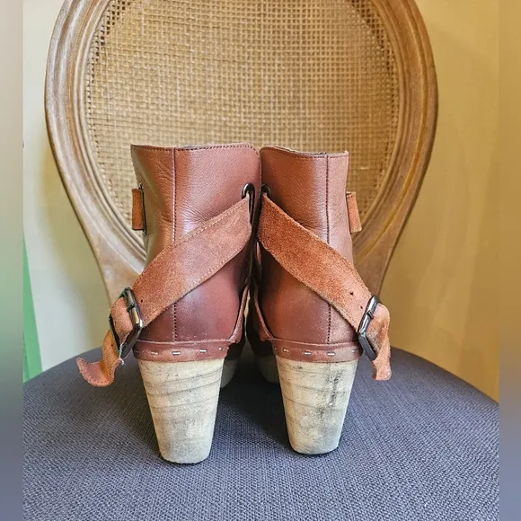Free People Bungalow Clog Boots Leather Strap Buckle in Chestnut