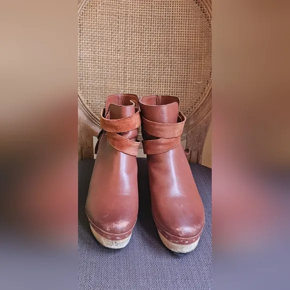 Free People Bungalow Clog Boots Leather Strap Buckle in Chestnut