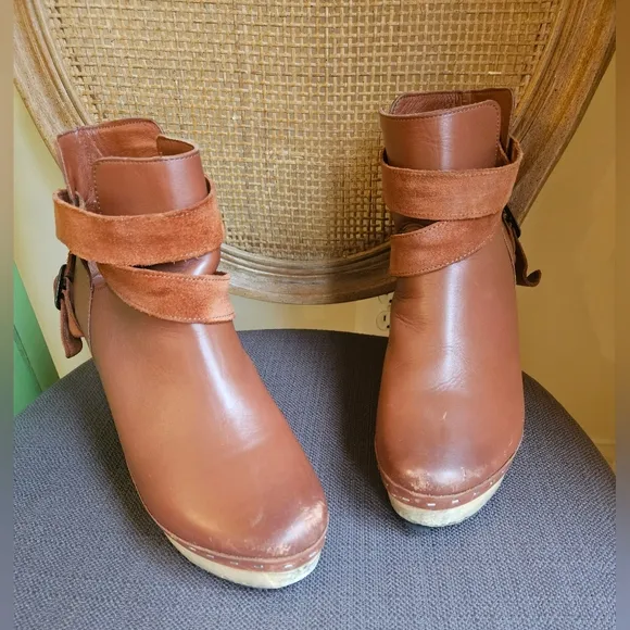 Free People Bungalow Clog Boots Leather Strap Buckle in Chestnut