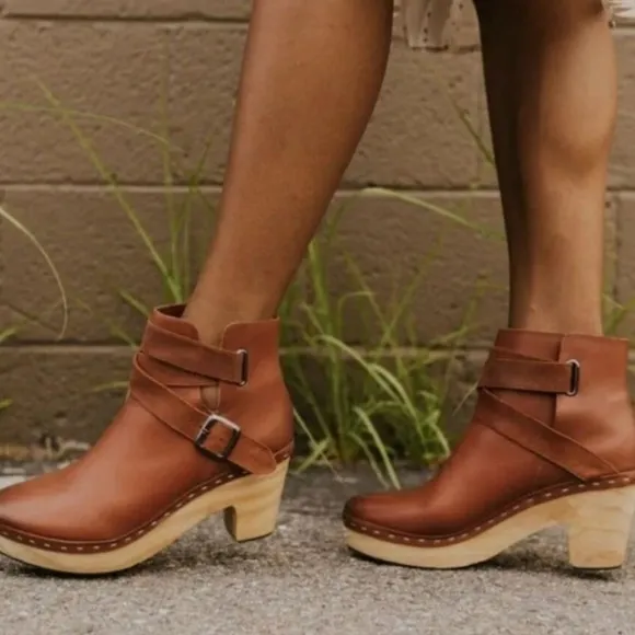 Free People Bungalow Clog Boots Leather Strap Buckle in Chestnut