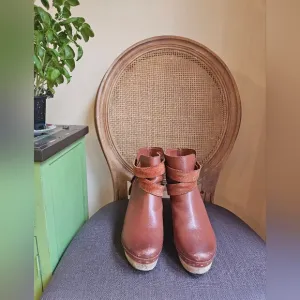 Free People Bungalow Clog Boots Leather Strap Buckle in Chestnut