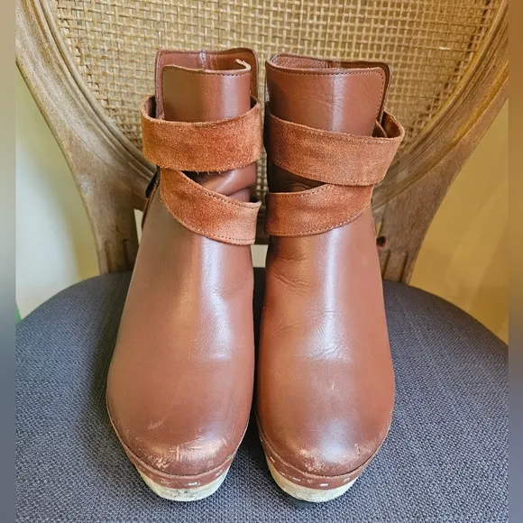 Free People Bungalow Clog Boots Leather Strap Buckle in Chestnut