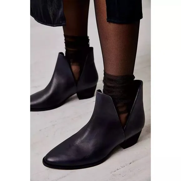 Free People Charm Double V Ankle Black Leather Boots Size 38 EU