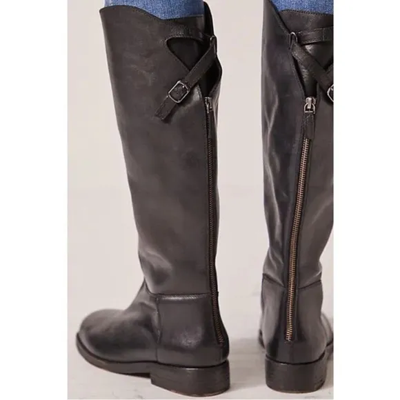 Free People Faded Black Everly Equestrian Boots Leather Zipper Back