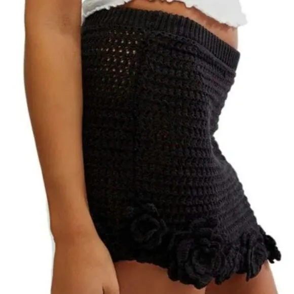 Free People Flora Crochet Mini Skirt Black XL