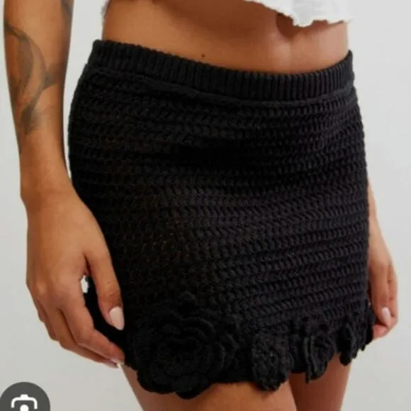 Free People Flora Crochet Mini Skirt Black XL