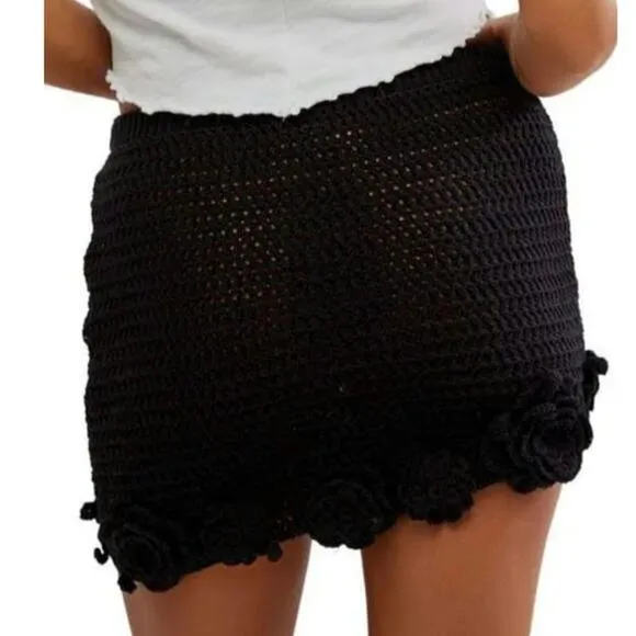 Free People Flora Crochet Mini Skirt Black XL