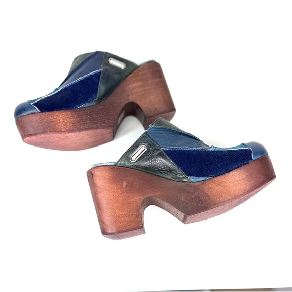 Free People Into The Patchwork Women's leather and wood platform clog blue EU 37