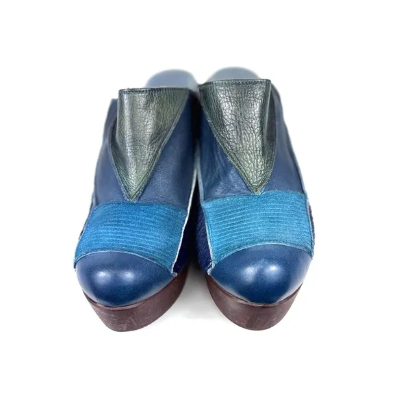 Free People Into The Patchwork Women's leather and wood platform clog blue EU 37