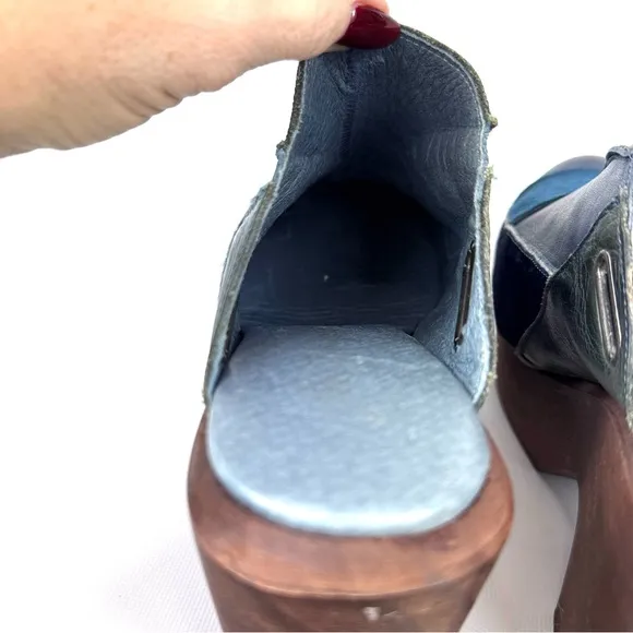 Free People Into The Patchwork Women's leather and wood platform clog blue EU 37