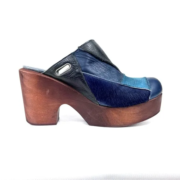 Free People Into The Patchwork Women's leather and wood platform clog blue EU 37