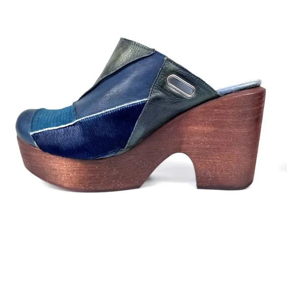 Free People Into The Patchwork Women's leather and wood platform clog blue EU 37