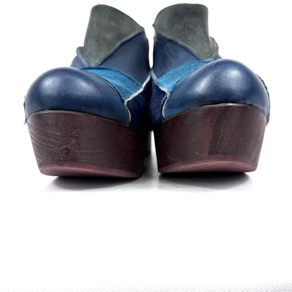 Free People Into The Patchwork Women's leather and wood platform clog blue EU 37