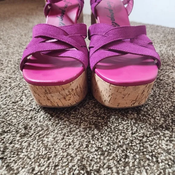 Free People Lisbon Cork Platform Shoes In Verbena Suede Size 37.5 / 7.5