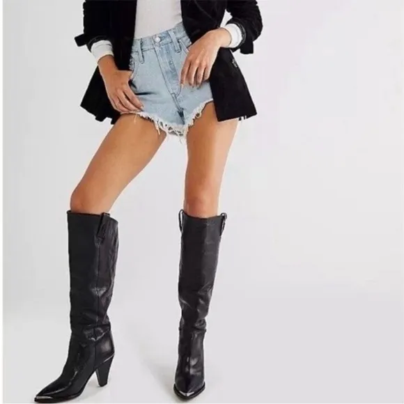 Free People Stevie Tall Boots Black Leather Size 37 NIB Knee High Riding Boots