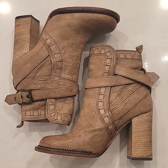 Free People Tan Leather Tall Strappy Buckle Ankle Boots, Booties