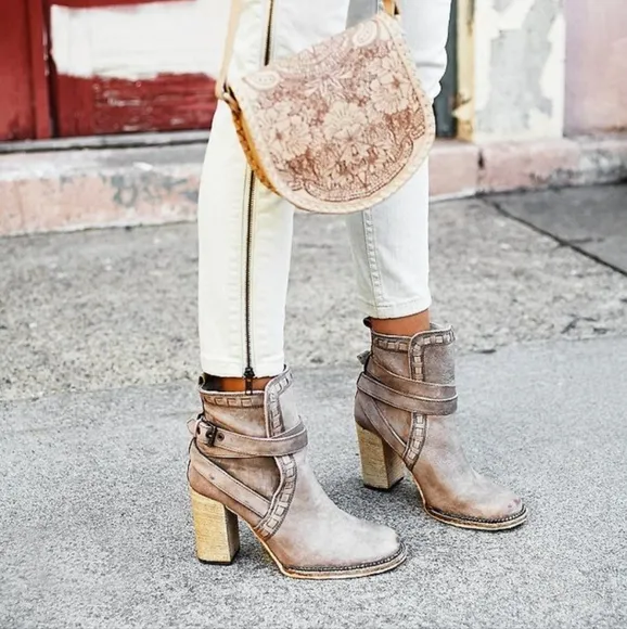 Free People Tan Leather Tall Strappy Buckle Ankle Boots, Booties