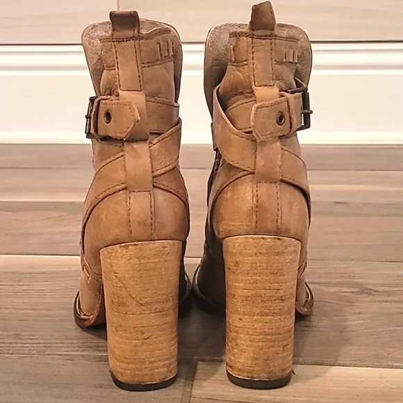 Free People Tan Leather Tall Strappy Buckle Ankle Boots, Booties