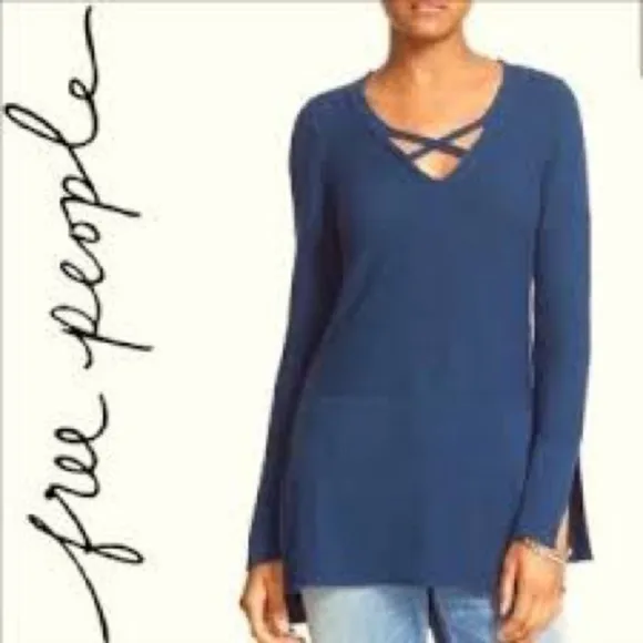 Free People Teal Green Crisscross V Neck Long Sleeve Tunic Knit Sweater Dress
