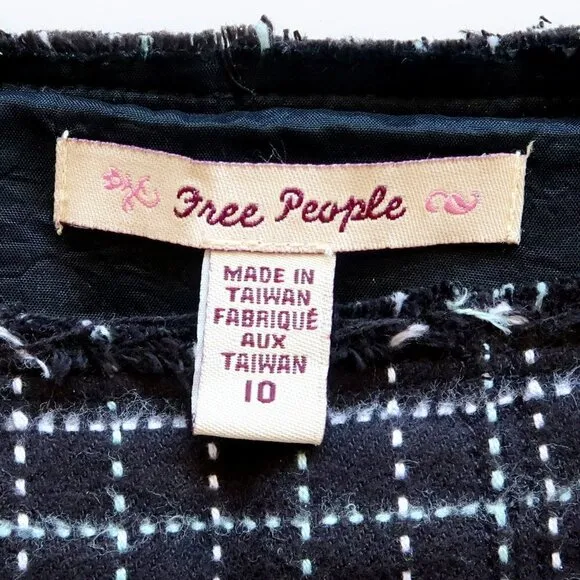 Free People Vintage Y2K Pleated Plaid Raw Hem Skirt with Leather Bow Black White