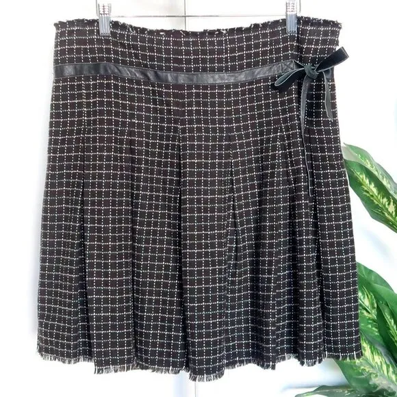 Free People Vintage Y2K Pleated Plaid Raw Hem Skirt with Leather Bow Black White