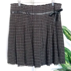 Free People Vintage Y2K Pleated Plaid Raw Hem Skirt with Leather Bow Black White
