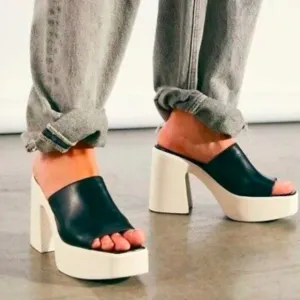 Free People Zoe Platform Leather Slide Sandal Black/White Size EU 39.5/US 9