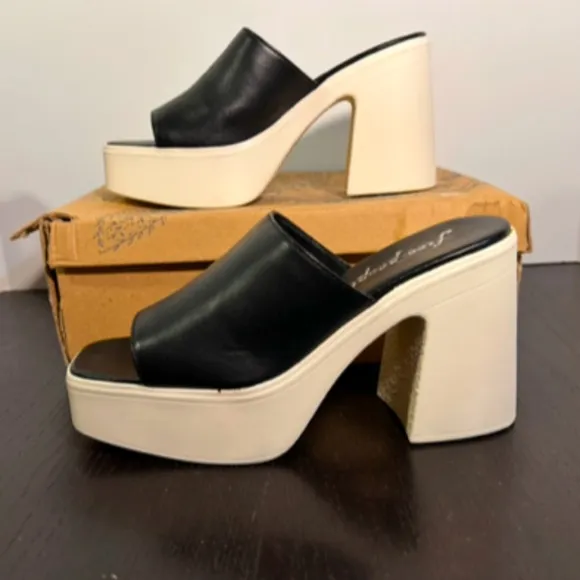 Free People Zoe Platform Leather Slide Sandal Black/White Size EU 39.5/US 9