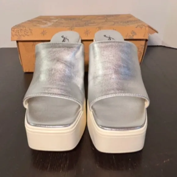 Free People Zoe Platform Leather Slide Sandal Silver/Off White Size EU 39/US 8.5
