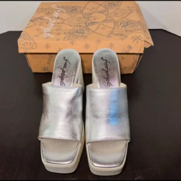 Free People Zoe Platform Leather Slide Sandal Silver/Off White Size EU 39/US 8.5