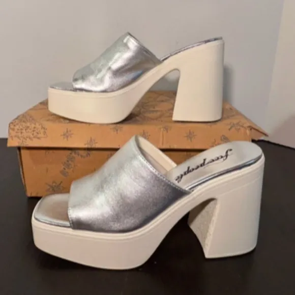 Free People Zoe Platform Leather Slide Sandal Silver/Off White Size EU 39/US 8.5