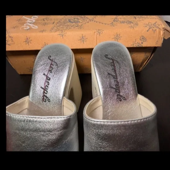 Free People Zoe Platform Leather Slide Sandal Silver/Off White Size EU 39/US 8.5