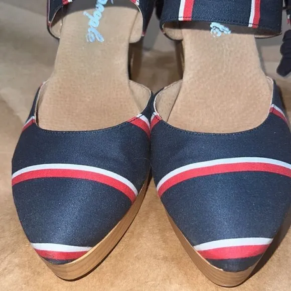 FREE PEOPLE MONOCO PLATFORM WOOD HEELED CLOGS NEW NAVY RED WHITE STRIPED EU 41
