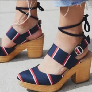 FREE PEOPLE MONOCO PLATFORM WOOD HEELED CLOGS NEW NAVY RED WHITE STRIPED EU 41