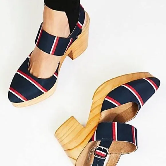 FREE PEOPLE MONOCO PLATFORM WOOD HEELED CLOGS NEW NAVY RED WHITE STRIPED EU 41