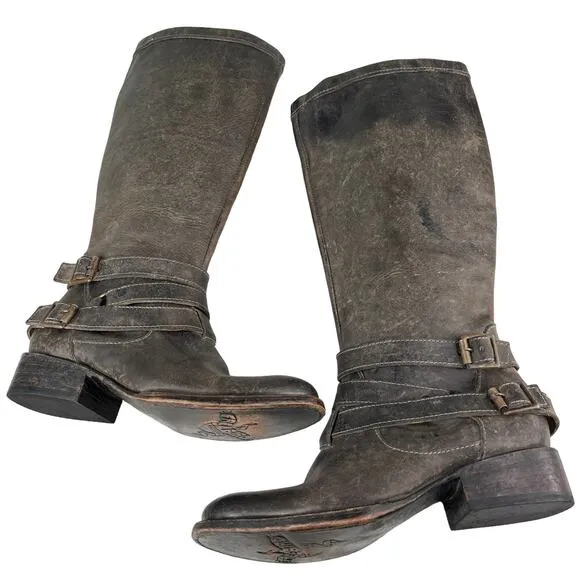 Freebird By Steven Irish Tall Leather Riding Boots Triple Buckle Strap 6 Brown