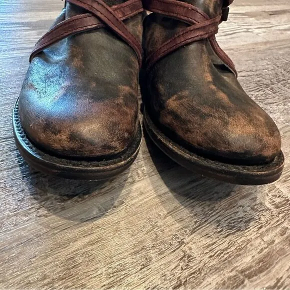 FREE BIRD BY STEVEN Leather Boots Women 6M Stair Strappy Distressed Ankle Boho