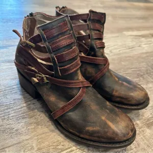 FREE BIRD BY STEVEN Leather Boots Women 6M Stair Strappy Distressed Ankle Boho