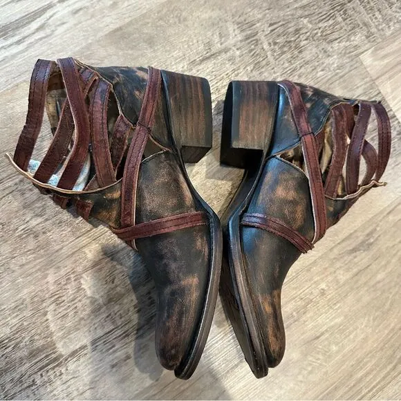 FREE BIRD BY STEVEN Leather Boots Women 6M Stair Strappy Distressed Ankle Boho