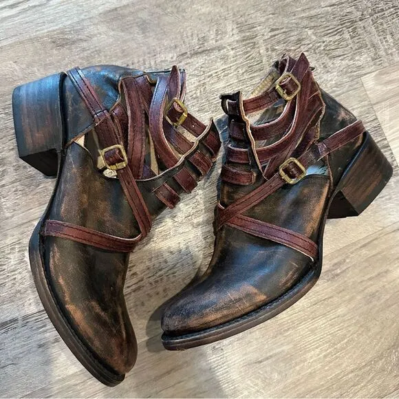 FREE BIRD BY STEVEN Leather Boots Women 6M Stair Strappy Distressed Ankle Boho
