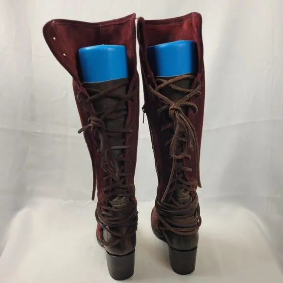 FREEBIRD Coal Suede Leather Lace Up Back Zip Tall Boots Women’s 7 Burgundy