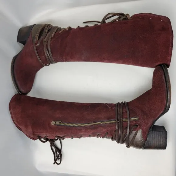 FREEBIRD Coal Suede Leather Lace Up Back Zip Tall Boots Women’s 7 Burgundy