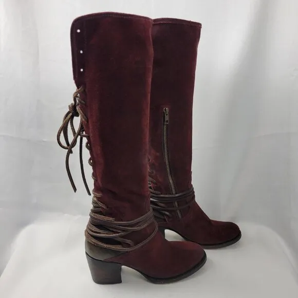 FREEBIRD Coal Suede Leather Lace Up Back Zip Tall Boots Women’s 7 Burgundy