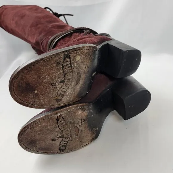 FREEBIRD Coal Suede Leather Lace Up Back Zip Tall Boots Women’s 7 Burgundy