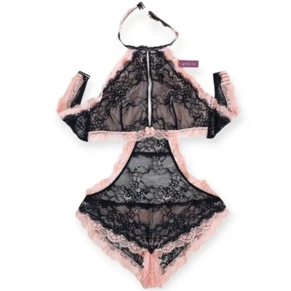 French Maid Role play Unlined Bodysuit Black Devil Red Cream S M
