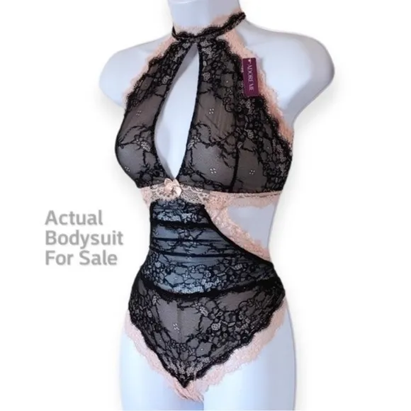 French Maid Role play Unlined Bodysuit Black Devil Red Cream S M