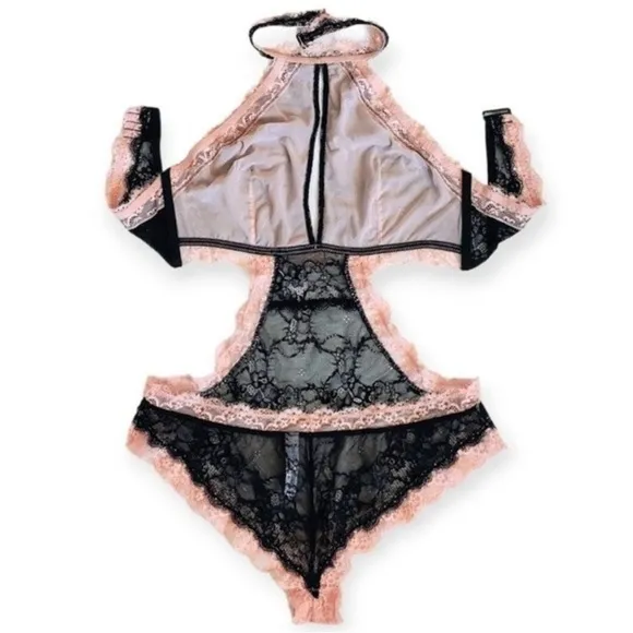 French Maid Role play Unlined Bodysuit Black Devil Red Cream S M