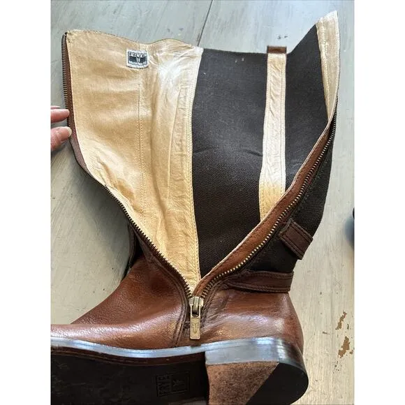 Frye Anna Gore Brown Cognac Leather Tall Riding Boots Buckle Zip Up Women 7.5