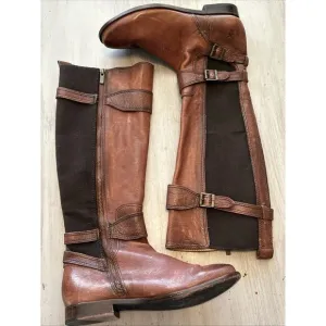 Frye Anna Gore Brown Cognac Leather Tall Riding Boots Buckle Zip Up Women 7.5